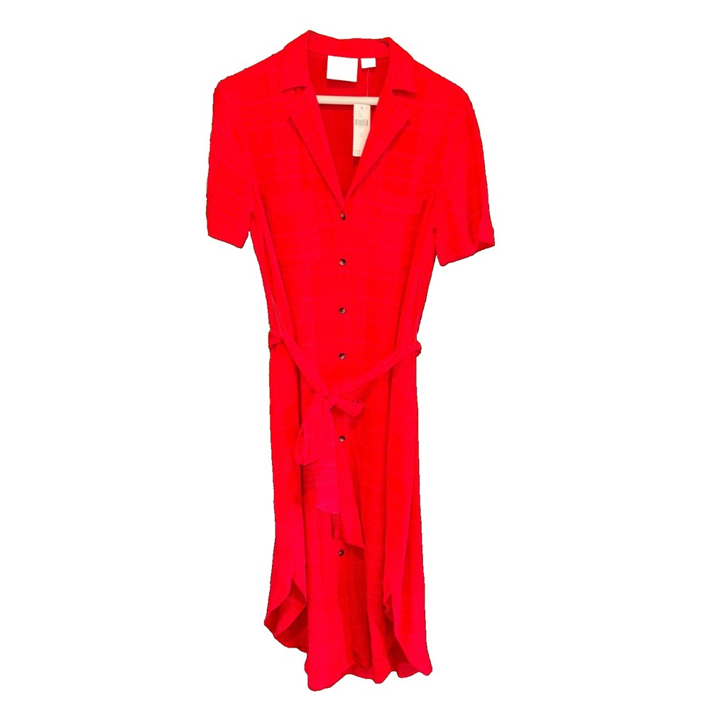 NWT ANTHROPOLOGIE MAEVE Red Aria Texture belt Midi Shirt Dress XS wedding guest